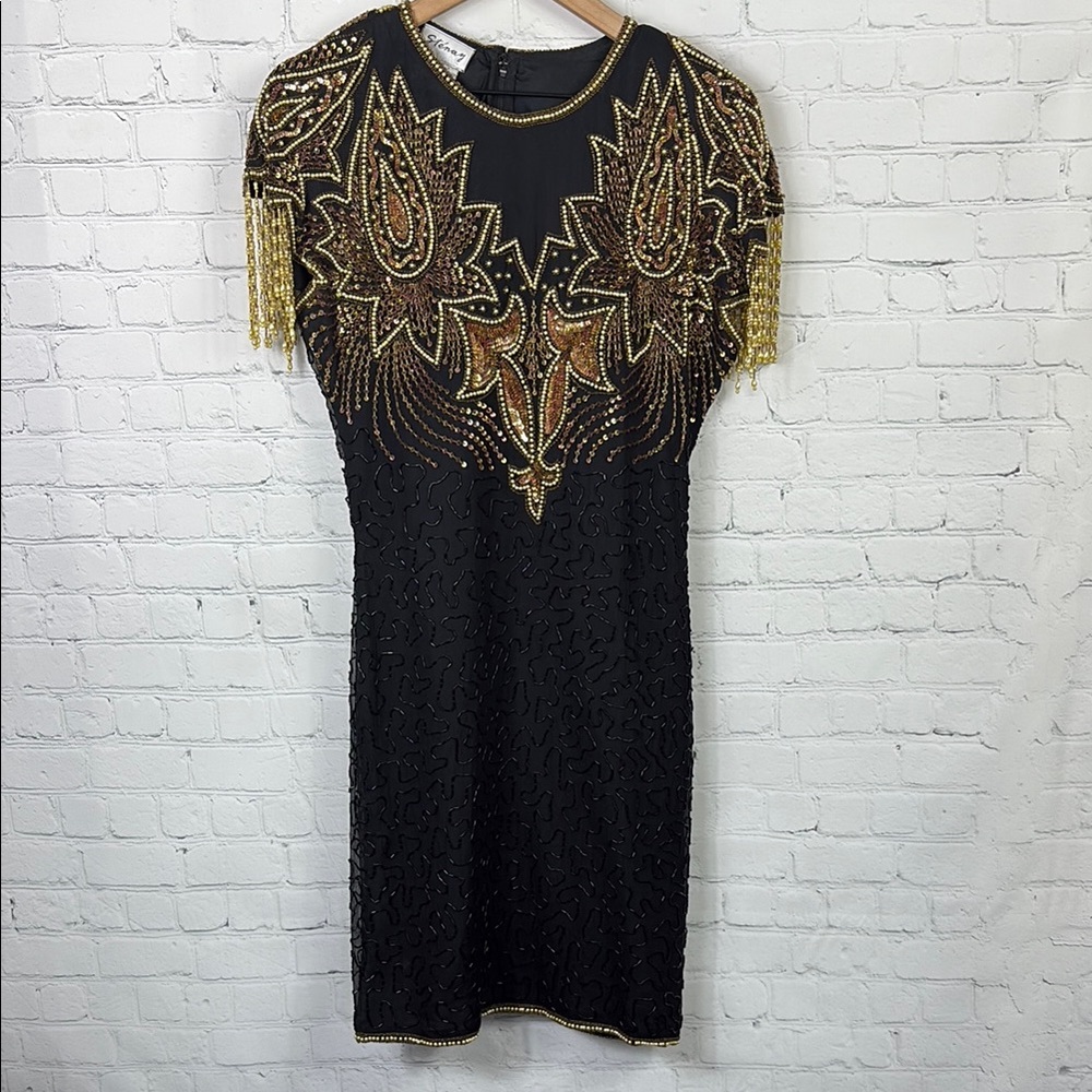 STENAY Vintage Silk Beaded Sequin Pearl Embellished Cocktail Dress size small